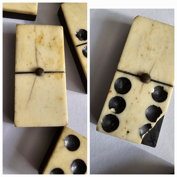 Vintage Domino bone and ebony antique game brass pin 21 dominoes dominos - Picture 16 of 16